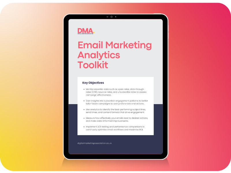 Front cover of an email marketing analytics toolkit including key objectives of using the toolkit