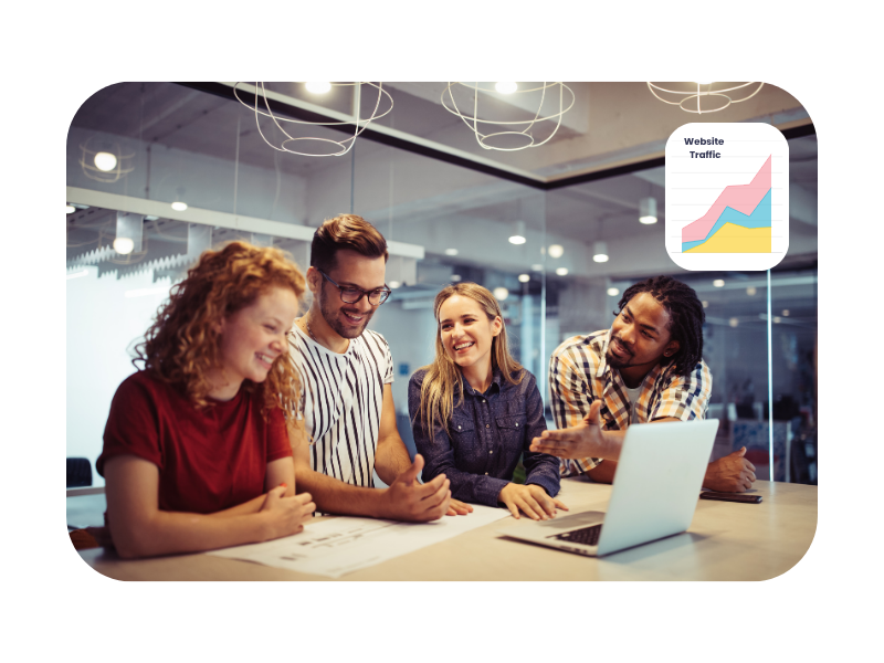 Group of young professionals collaborating around a laptop, reviewing website traffic data—illustrating teamwork and strategy in marketing legal services.