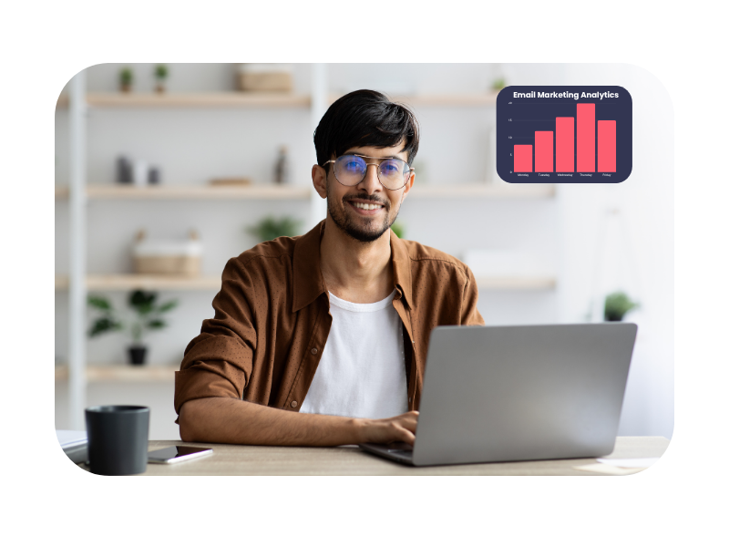 Young professional working on a laptop at home with an email marketing analytics chart overlay—representing remote learning and practical skills in digital marketing.