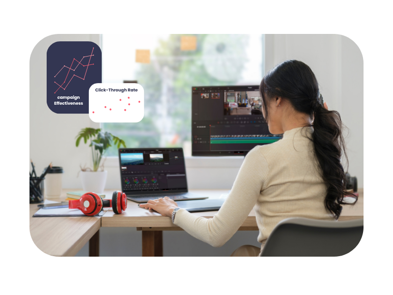 Young woman editing video content at a desk with dual screens, surrounded by charts on campaign effectiveness and click-through rate, illustrating hands-on experience in social media marketing apprenticeships.