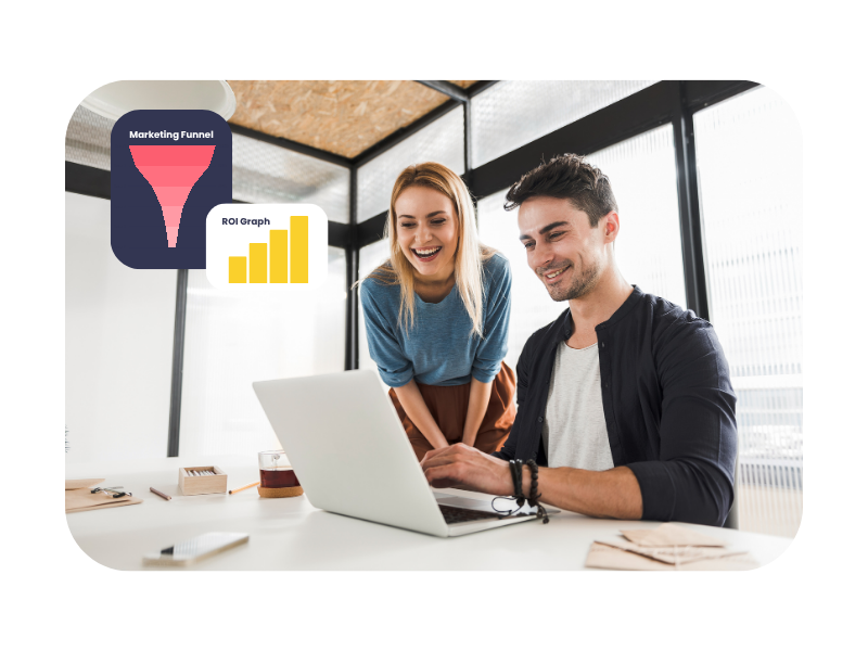 Two young professionals smiling while working on a laptop, with marketing funnel and ROI graph overlays—illustrating hands-on learning as a digital marketing apprentice on the multi-channel marketer apprenticeship.