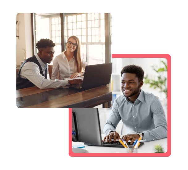 Two images of professionals working on laptops—one in discussion and one independently—representing flexible learning and support through a legal marketing apprenticeship.