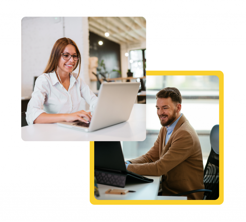 Promotional images for the Marketing Apprenticeships. With images of professionals on their laptops working on marketing tasks..