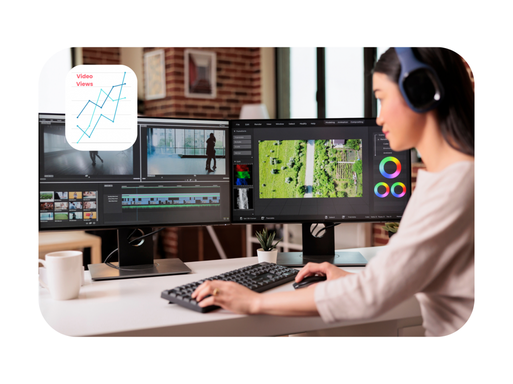 Content creator editing video and analysing performance metrics as part of a content creator apprenticeship in digital media and marketing