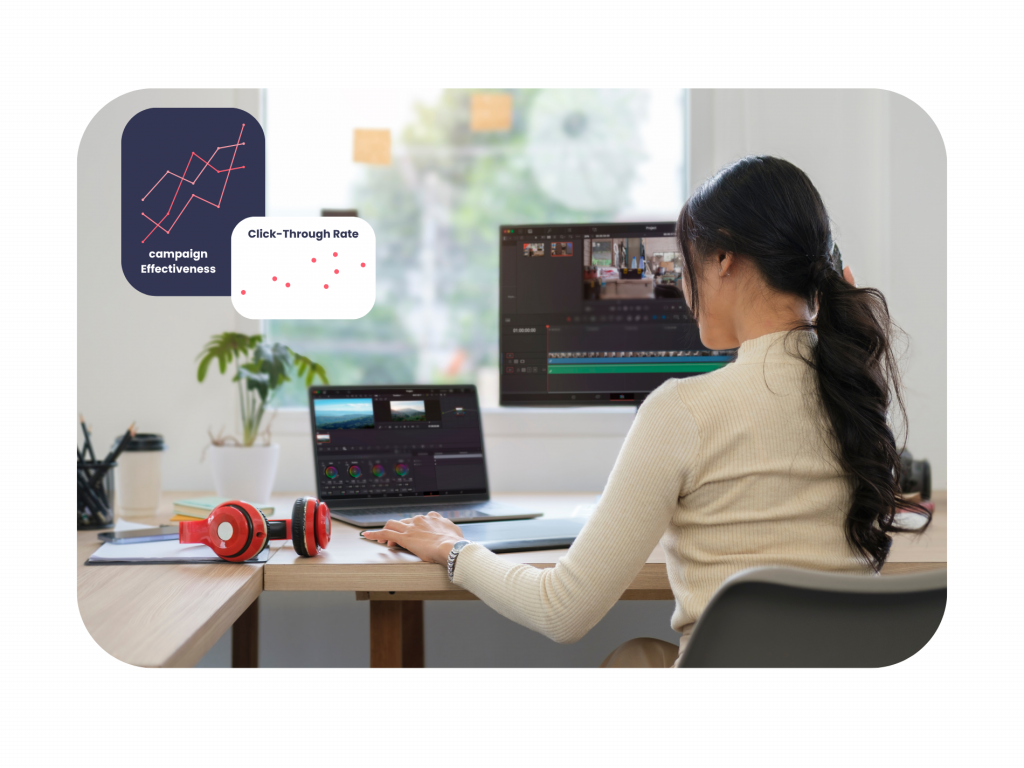 Marketing apprenticeships Bath individual working on digital content creation and campaign performance analysis using video editing software at a desk.